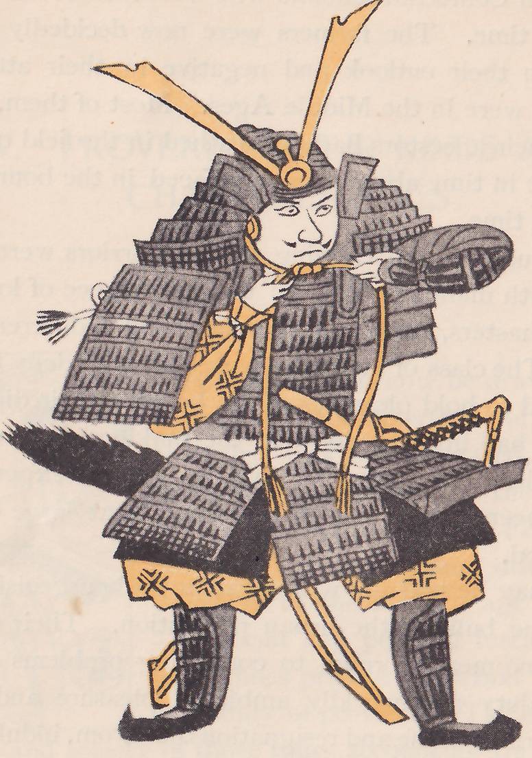 A samurai in full lamellar armor and a helmet with long horns pulls the cords of his helmet tight with both hands, a sword at his belt.
