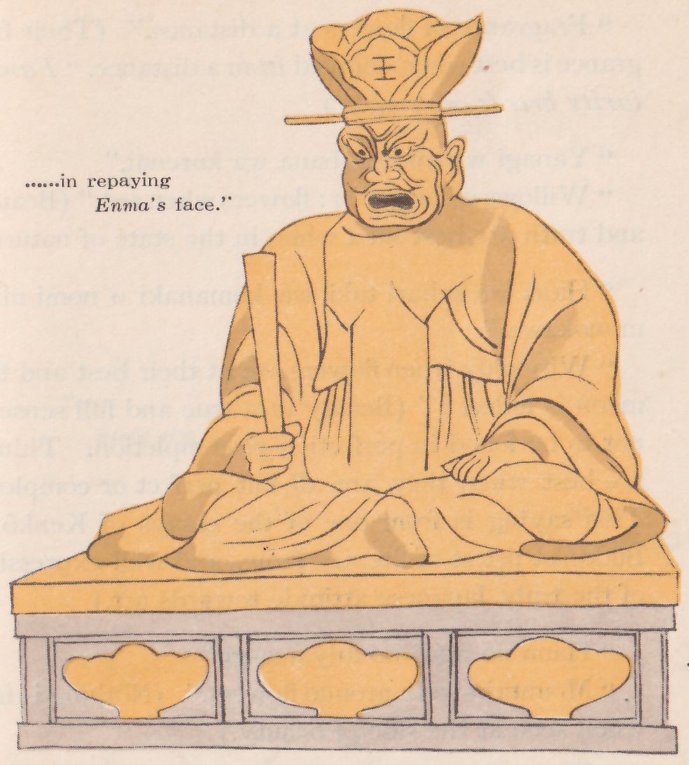 Enma, king of the underworld, sits on a dais with three scalloped panels in a flowered crown and yellow robes, holding a tablet and glaring with his mouth open.
