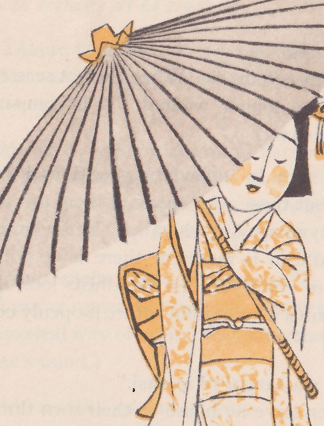A woman in a patterned kimono, her eyes cast down, holds a large open paper umbrella, its long handle against her shoulder.
