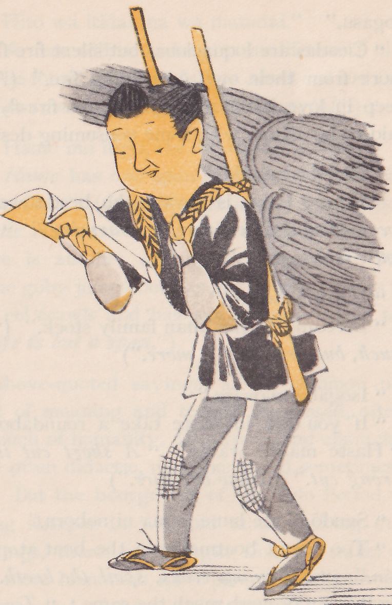 A man in a short jacket walks along reading an open book, a huge bundle of brushwood tied to a carrying frame on his back.