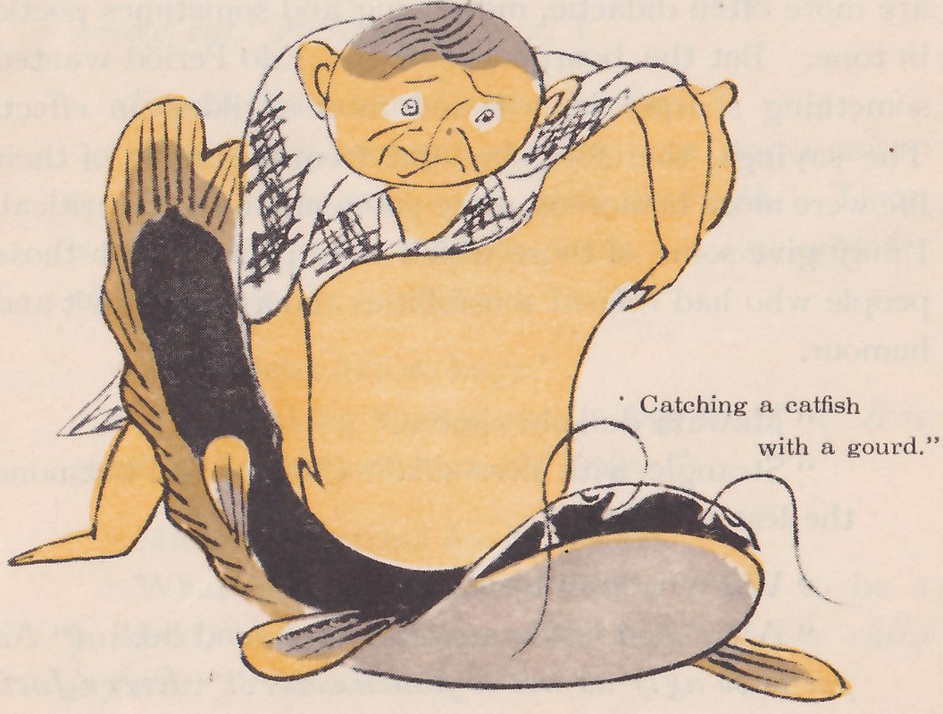 A worried old man in a checked jacket struggles to hold down a huge, slippery catfish that curls around his body.