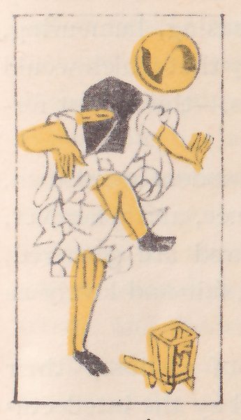 A figure in pale, loose robes with a black hood over the head, stepping forward with arms out to feel the way, a small box lantern on the ground by the foot, under a yellow disc bearing a kana.