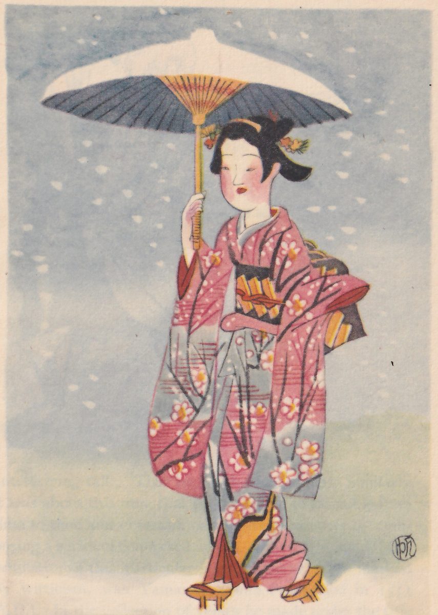 A young woman in a pink kimono patterned with plum blossoms walks in falling snow under a paper umbrella whose top carries a thick cap of snow.