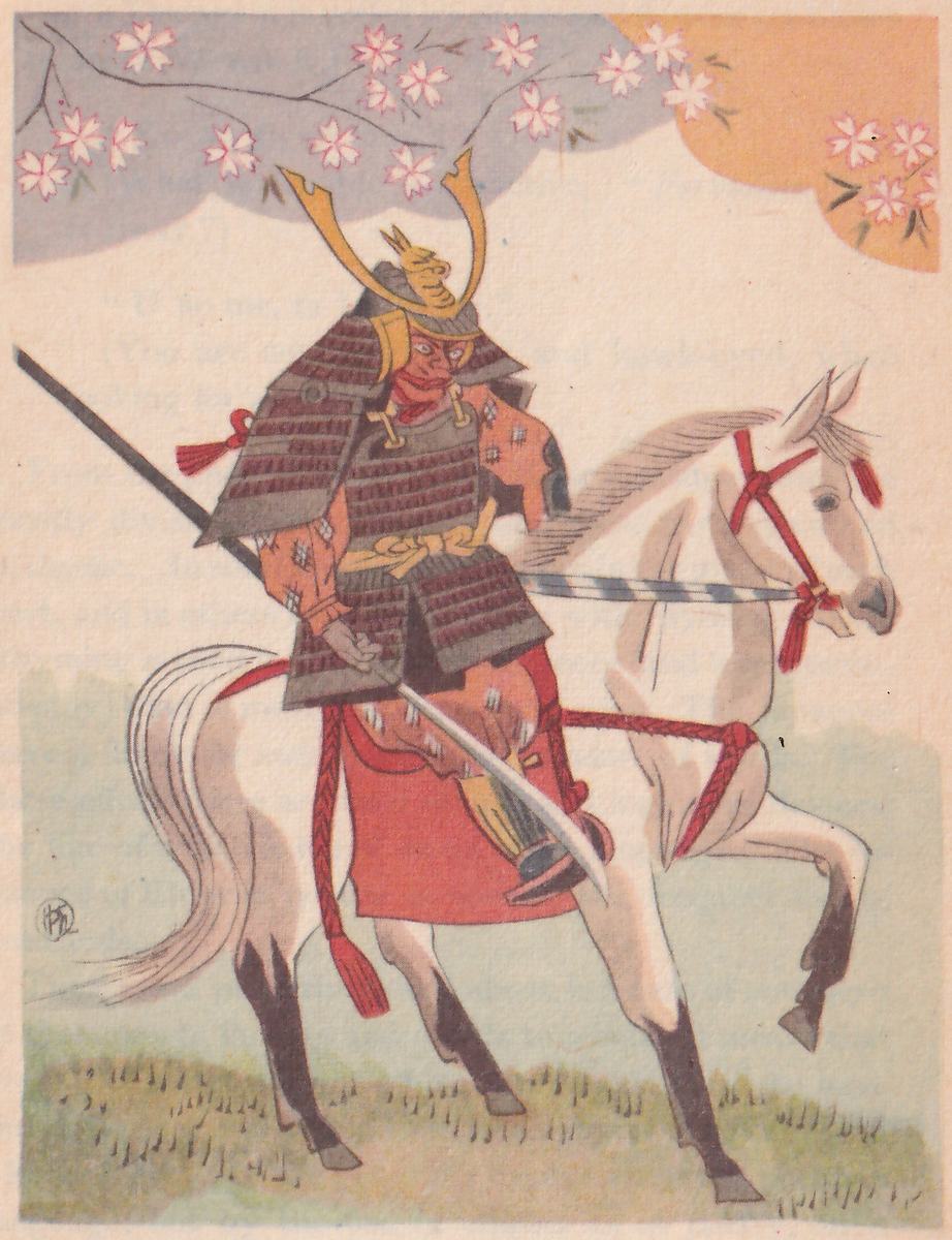 A mounted warrior in red-laced armor and a horned helmet rides a white horse across grass under branches of cherry blossom, a long sword in his hand.