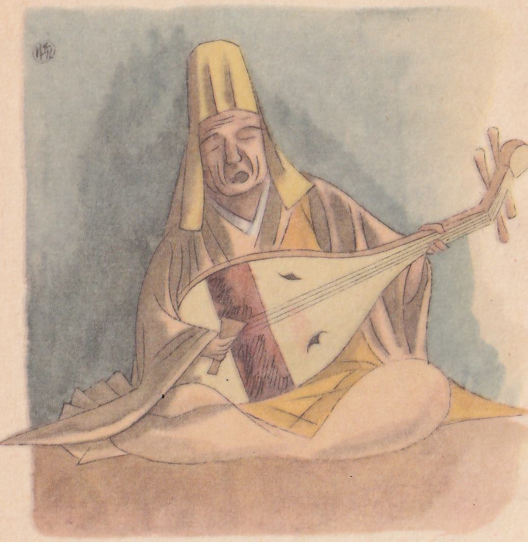 A blind Buddhist priest in a tall yellow cap and layered robes sits cross-legged with his eyes closed and his mouth open in song, playing a biwa lute.