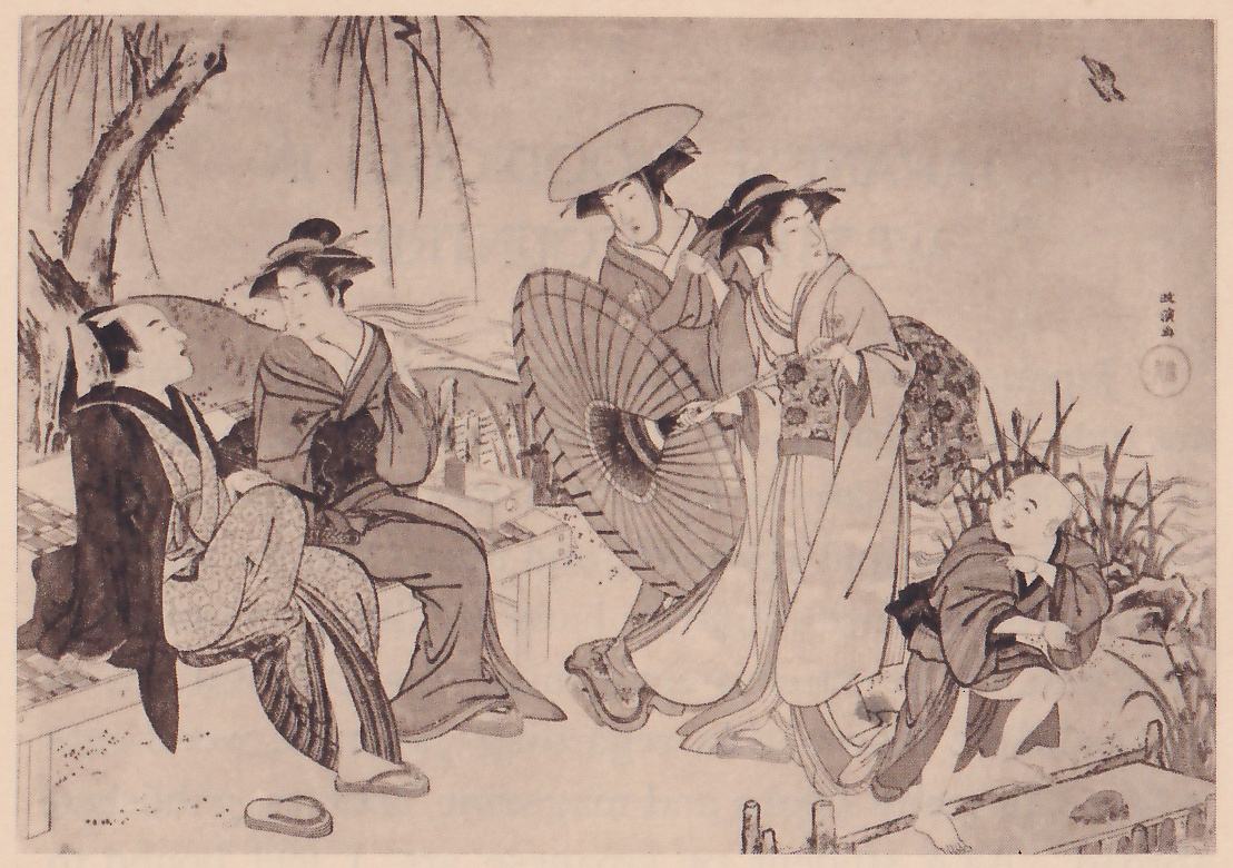Black-and-white print of five figures out of doors, with willow trunks and hanging branches at the upper left. At the left two figures sit on a bench: one in a dark robe with the head tipped back, the other with the hair in a round knot. In the middle two tall figures stand close together: the one behind wears a wide flat round hat, and the one in front, in a long robe with large flower shapes, holds a large open paper umbrella tilted down before them. At the right a small figure with a shaved head steps forward, bent over. Reeds grow at the right, a low wooden fence runs across the lower right, a flat sandal lies on the ground at the lower left, a small bird flies at the upper right, and a column of Japanese characters with a round seal stands at the right edge.