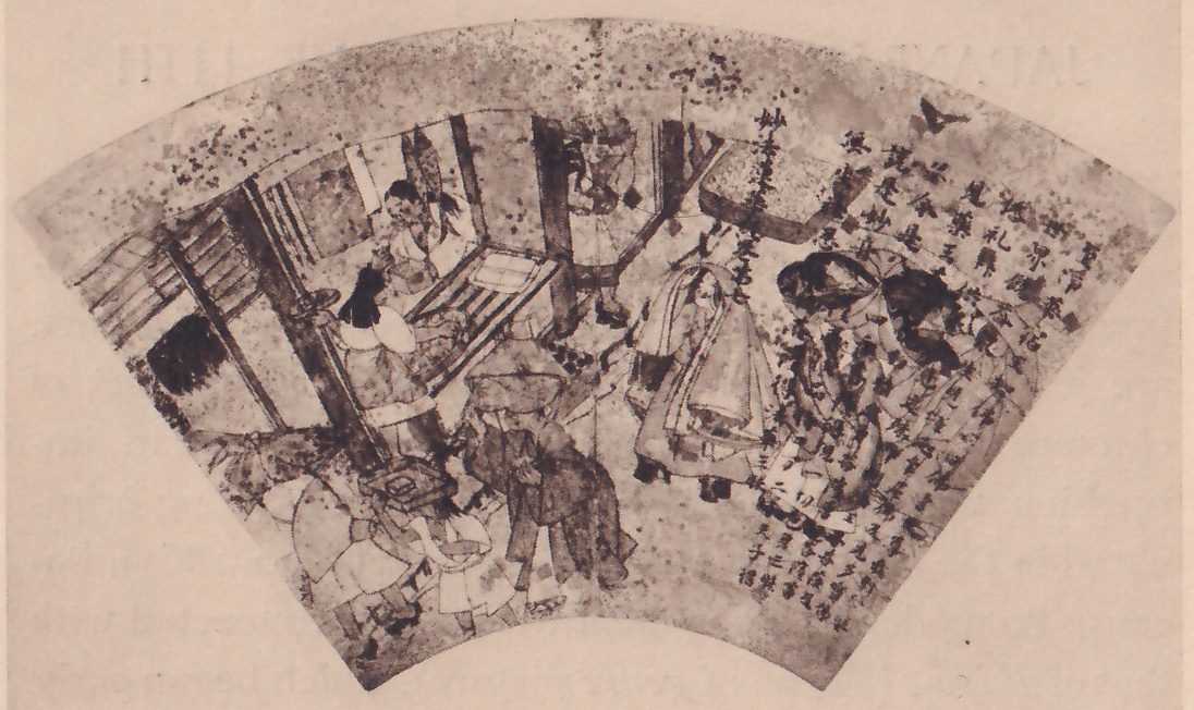 Picture on a fan-shaped sheet, wide along its curved top edge, with dark ink specks scattered over it. At the left, figures in robes stand and sit in a room with posts and a raised floor. At the center, figures in long robes stand, one under a wide round hat and one in a pale draped garment. At the right, columns of Japanese characters are written over a group of figures with dark hair, and a small bird flies at the upper right.