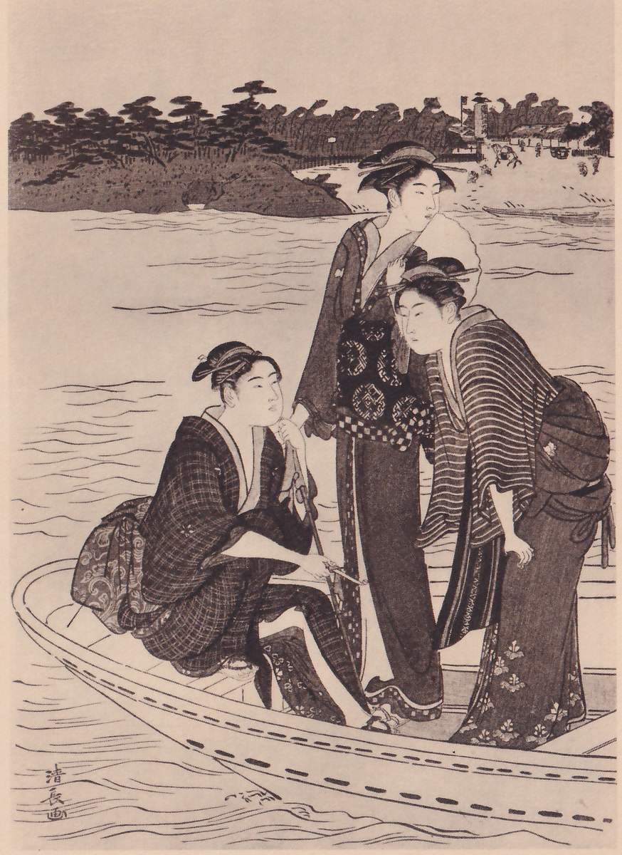 Black-and-white print of three figures in a long boat on a river. One sits at the left in a checked robe, the chin resting on one hand and a long thin pipe in the other. A second stands at the center behind, the head turned to the right, with a pale rounded shape at the shoulder. A third at the right leans forward in a striped jacket. Across the water a tree-covered point of land fills the upper left, with small figures and a tall post on the shore at the upper right. A signature column stands at the lower left.