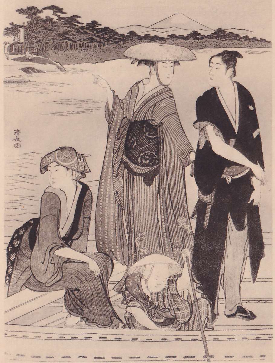 Black-and-white print of four figures in a boat on a wide river. At the left a figure with a patterned head cloth sits on the edge of the boat, looking out to the left. Behind and to the right of it a figure in a wide flat hat and a long striped robe stands with one hand raised, pointing to the left, and at the right a figure in a dark jacket with the hair in a top knot stands with one arm out. At the bottom center a smaller figure in a conical hat and a checked wrap crouches, holding a long pole. A tree-covered shore with the outline of a mountain behind it fills the top, and a signature column stands at the left.