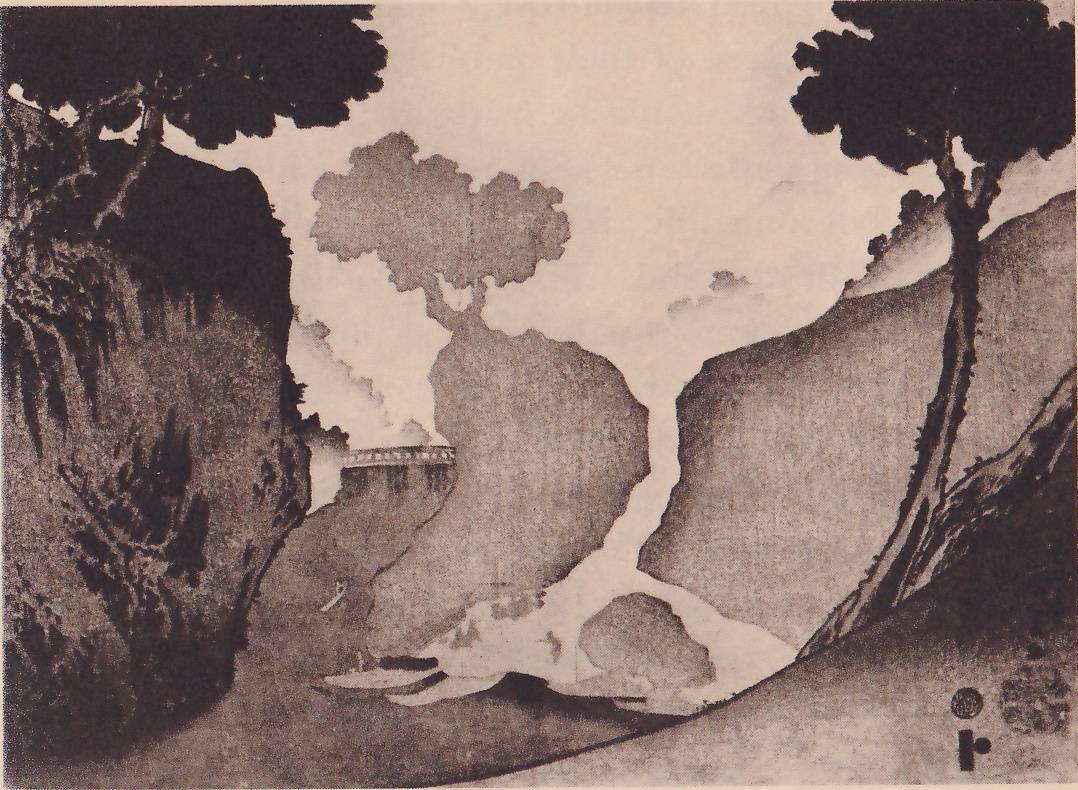 Black-and-white landscape of a narrow gorge. Dark rocky cliffs and slopes meet at the center, where a pale band runs down between two rock masses and spreads out at their foot. A rounded tree stands on the top of the central rock, and dark trees stand at the upper left and upper right. A small bridge with a railing crosses the gap at the left of center, with haze behind it. Small pale flat shapes lie at the lower center. Seal marks stand at the lower right.