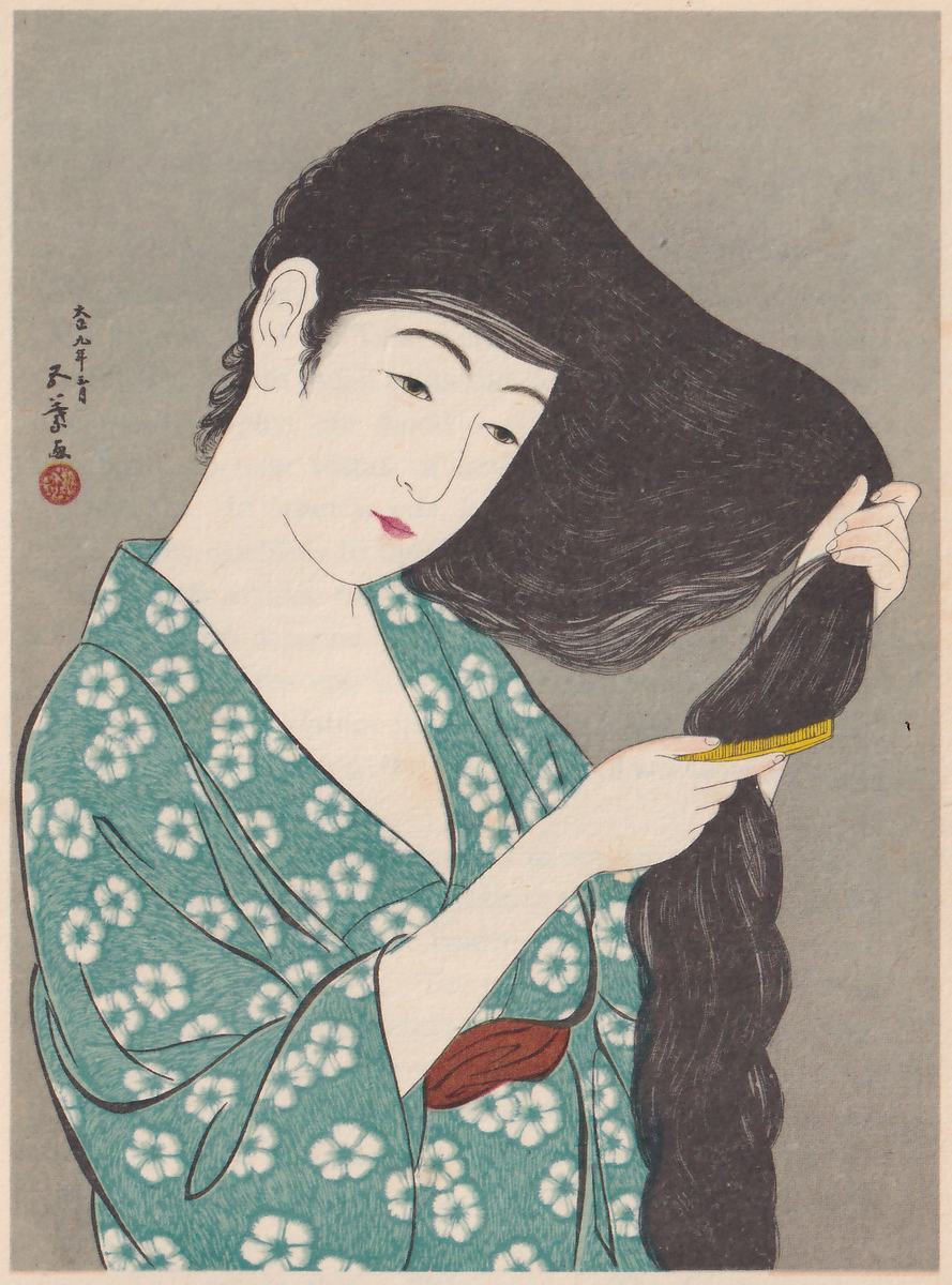 Colour print of a figure with very long black hair, the head bent down and to the right. The hair swings out behind the head and over the shoulder, and a long lock hangs down at the lower right. One hand holds up part of the hair, and the other holds a yellow comb at the lower center. The robe is blue-green, patterned with white flowers, with a small red-brown shape at the cuff, and the ground is plain grey. A signature column with a red seal stands at the left.