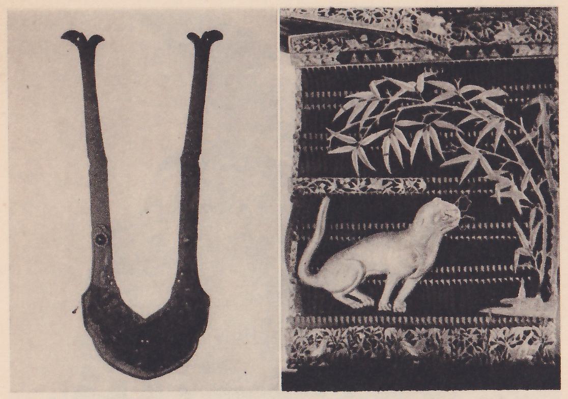 Two black-and-white photographs side by side. At the left, a dark V-shaped object on a plain pale ground: two long arms rise from a shallow curved base, each tipped with a small spread flourish, with a small round stud near the middle of the left arm. At the right, a dark panel of horizontal laced rows with pale patterned bands across its top and bottom. A pale branch of slender pointed leaves crosses its upper right, and a pale animal with a long curved tail is shown from the side in the lower middle.