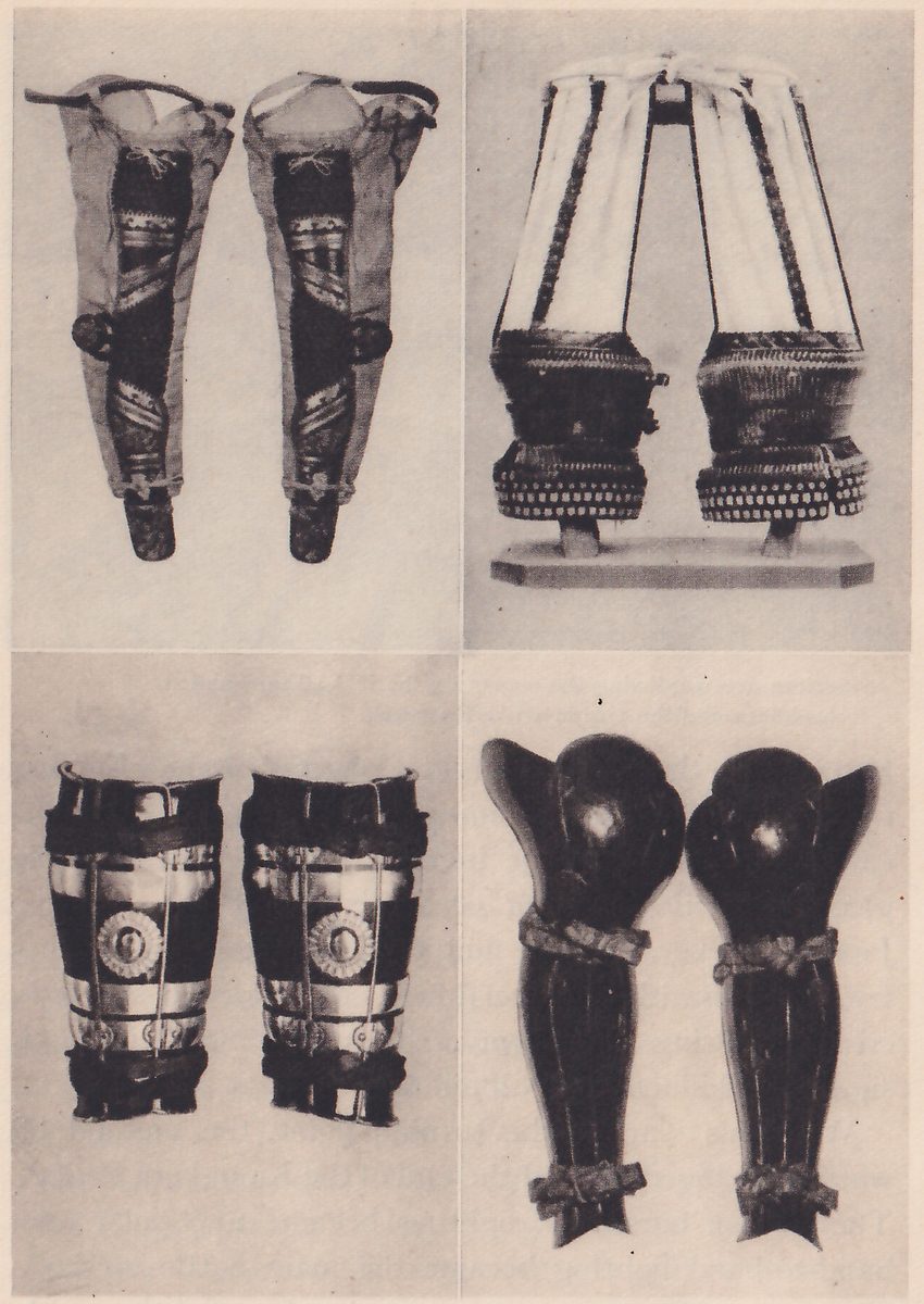 Four black-and-white photographs in two rows of two, each showing a pair of objects. Upper left: two long tapering pale pieces, each narrowing toward a small dark lower end, open down the front to show a dark inner strip with pale bands and a tie at the top. Upper right: two pieces on a low stand, each a ring of dark laced bands under a tall cone of white and dark vertical strips that meet at the top. Lower left: two dark upright pieces, each with pale horizontal bands, a round rosette at the middle and cords running down the front. Lower right: two dark pieces, each with a rounded cap at the top, a long narrow body with vertical ridges, and knotted ties at the middle and near the bottom.
