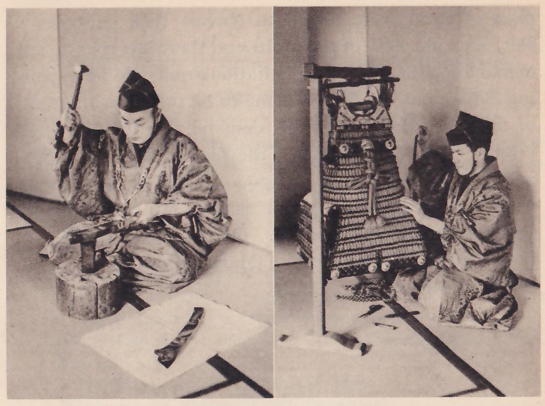Two black-and-white photographs side by side, each of a man in a patterned robe and a tall dark cap, kneeling on a floor marked with dark border lines. At the left he raises a hammer in one hand over a short log, with a flat dark piece on a white sheet at the lower center. At the right he kneels beside a tall wooden frame that holds up a suit of armour of laced bands, with tools lying on the floor below it.
