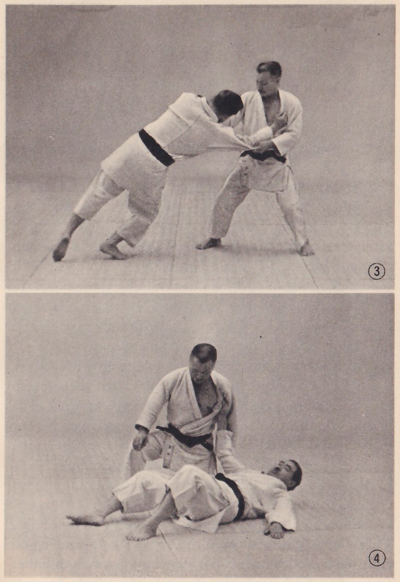 Two photographs, one above the other, numbered 3 and 4 in circles. In 3 one man leans far forward with his arms on the other, who stands with his feet apart. In 4 one man lies on his back on the mat while the other, bent at the waist, stands over him holding his arm.