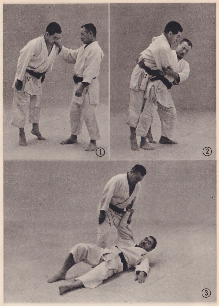 Three photographs numbered 1 to 3 in circles, two side by side above and one wide below. In 1 one man leans forward with a hand at the other's collar. In 2 the standing man has turned his hip into him and holds him across it. In 3 the thrown man lies on his back on the mat with the thrower standing over him.