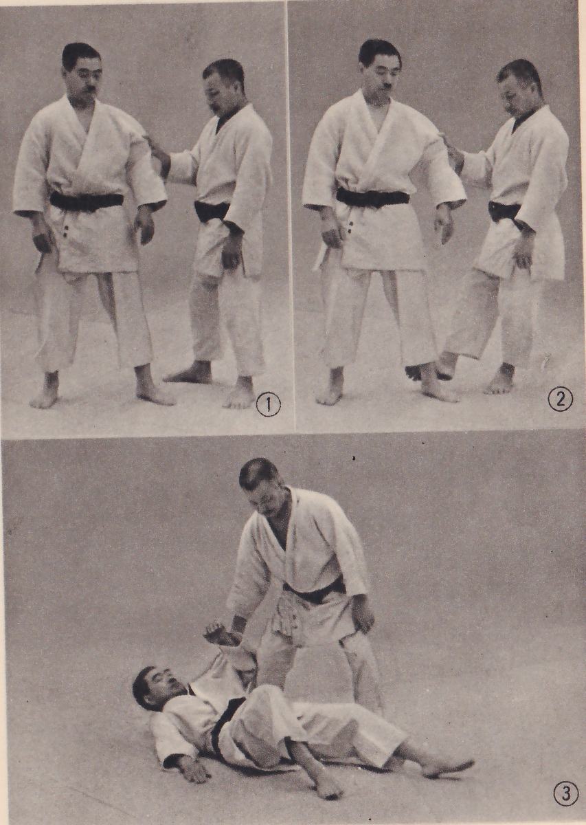 Three photographs numbered 1 to 3 in circles, two side by side above and one wide below. In 1 and 2 two men in judo suits stand facing each other, one with a hand at the other's sleeve. In 3 one man lies on his back on the mat while the other stands over him, bent at the waist, holding his sleeve.
