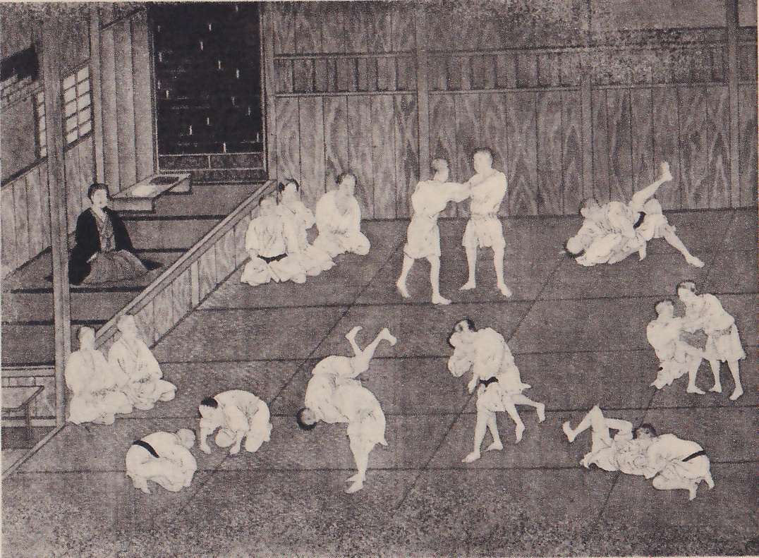 A painted picture of an early training hall with a wooden floor and board walls: an older man in dark robes sits on the steps at the left, and men in light jackets practice throws and holds in pairs across the floor, some seated at the side watching.