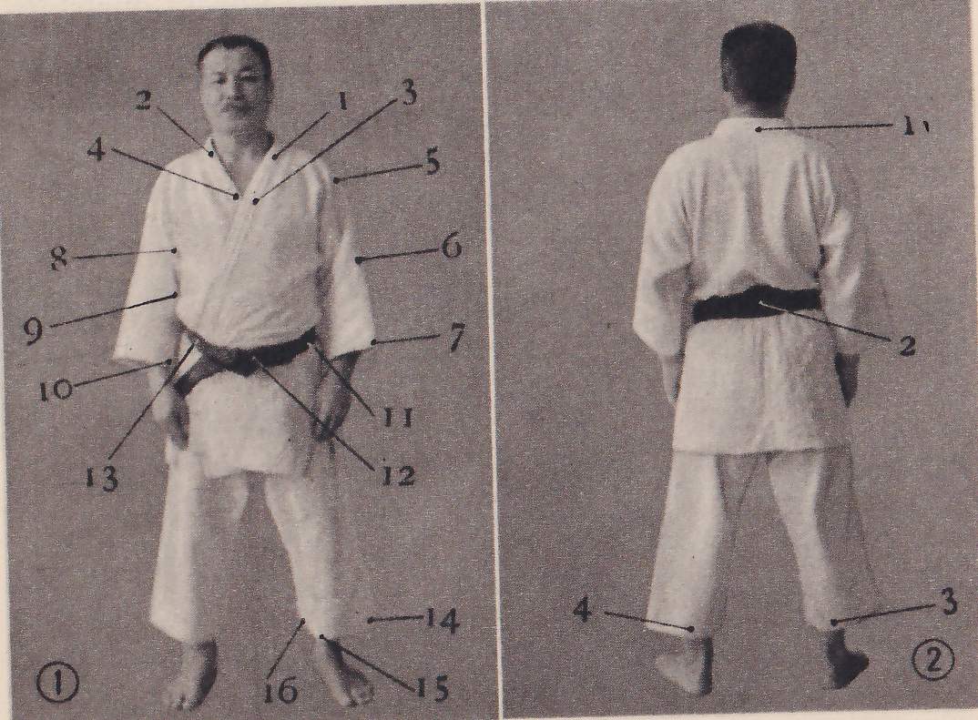 Two photographs side by side, numbered 1 and 2 in circles, of a man in a white judo suit and black belt seen from the front (left) and from behind (right). Numbered leader lines point to parts of the jacket, belt and trousers: 1 to 16 on the front view and 1 to 4 on the back view. The names for the numbers are in the text above the picture.