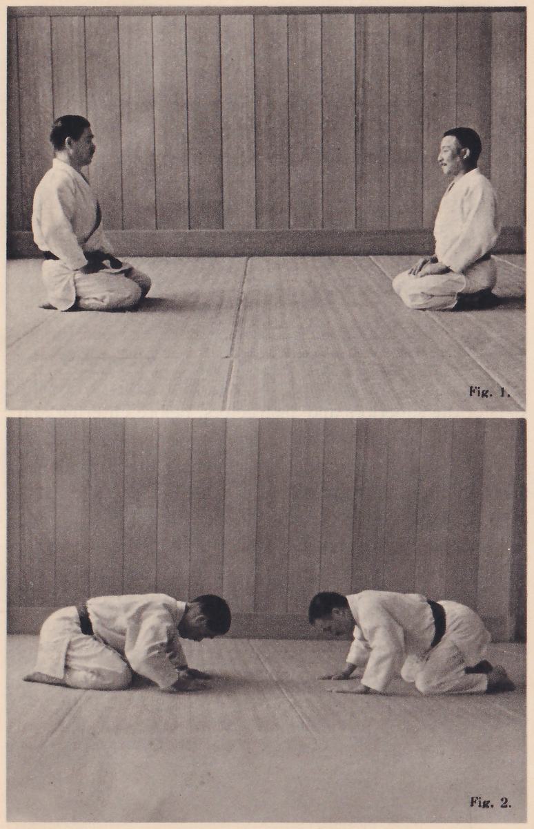 Two photographs, one above the other, marked Fig. 1 and Fig. 2. In Fig. 1 two men in judo suits kneel upright facing each other on a mat. In Fig. 2 both have bowed forward with their hands flat on the mat.