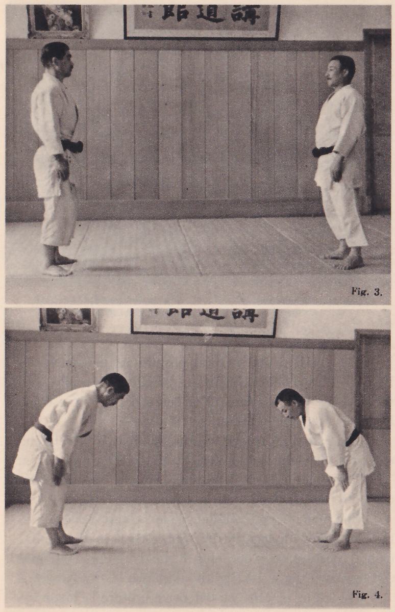 Two photographs, one above the other, marked Fig. 3 and Fig. 4, taken in a hall below a framed 講道館 sign. In Fig. 3 two men in judo suits stand facing each other. In Fig. 4 both bow from the waist.