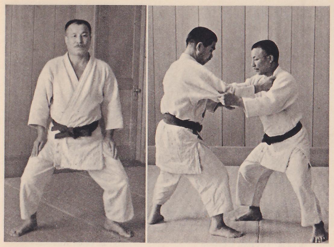 Two photographs side by side. On the left a man in a judo suit stands facing the camera with his legs wide apart and knees bent, hands at his sides. On the right two men face each other in the same wide stance, gripping each other's jackets.