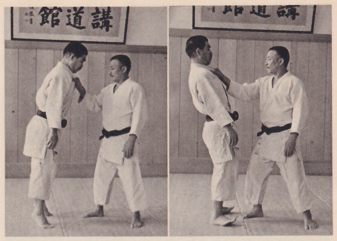 The upper pair of four photographs, Fig. 1 and Fig. 2, in front of a framed 講道館 sign. Two men in judo suits stand close together; the man on the left, held by the collar, is made to lean forward in the first photograph and backward in the second.