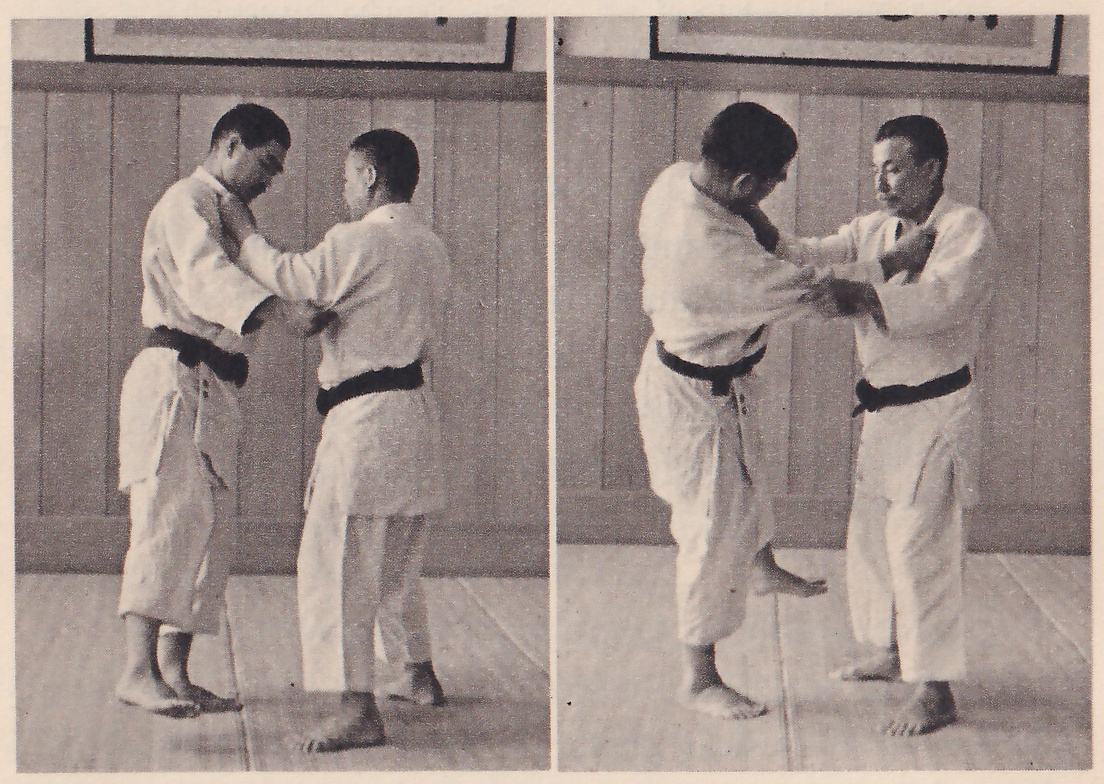 The lower pair of four photographs, Fig. 3 and Fig. 4. The same two men grip each other's jackets while the man on the left is pulled off balance to his left in the first photograph and to his right in the second.