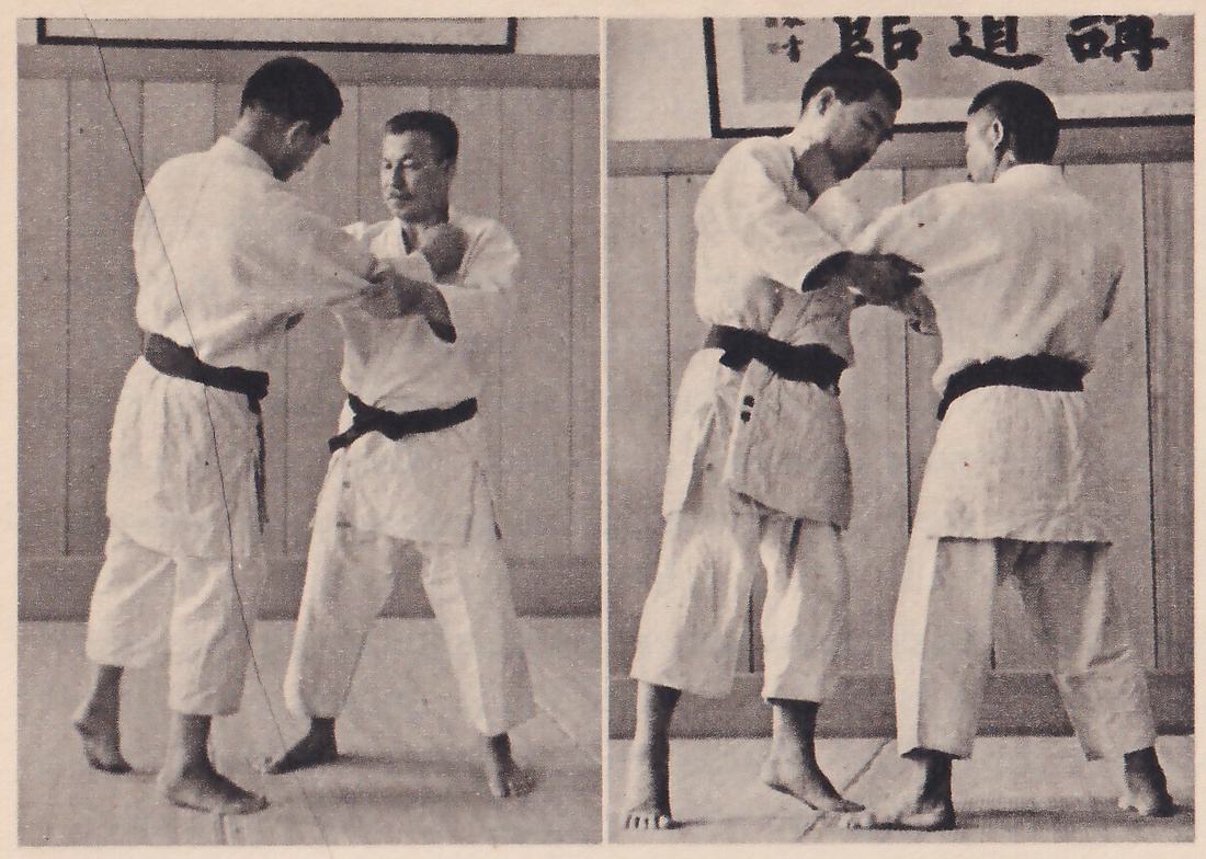The upper pair of four photographs, Fig. 5 and Fig. 6. Two men in judo suits grip each other's jackets while one is drawn off balance diagonally forward, to his right in the first photograph and to his left in the second.