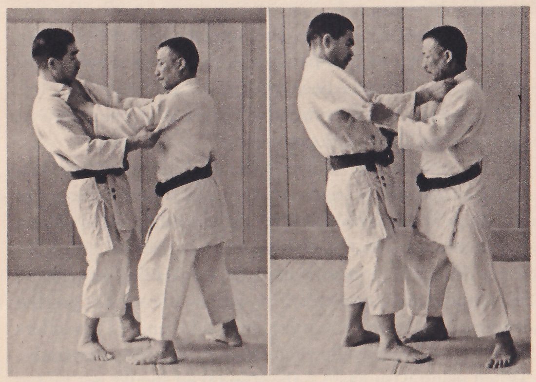 The lower pair of four photographs, Fig. 7 and Fig. 8. The same two men, with the one in front now drawn off balance diagonally backward, to his right in the first photograph and to his left in the second.