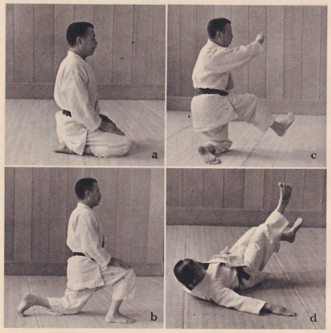 Four photographs in a grid, lettered a to d, of one man in a judo suit falling backward in stages. In a (upper left) he sits back on his heels; in b (lower left) he rises onto one knee; in c (upper right) he crouches low on one foot with the other leg kicked forward and an arm out as he starts to fall; in d (lower right) he lies on his back with one leg raised.