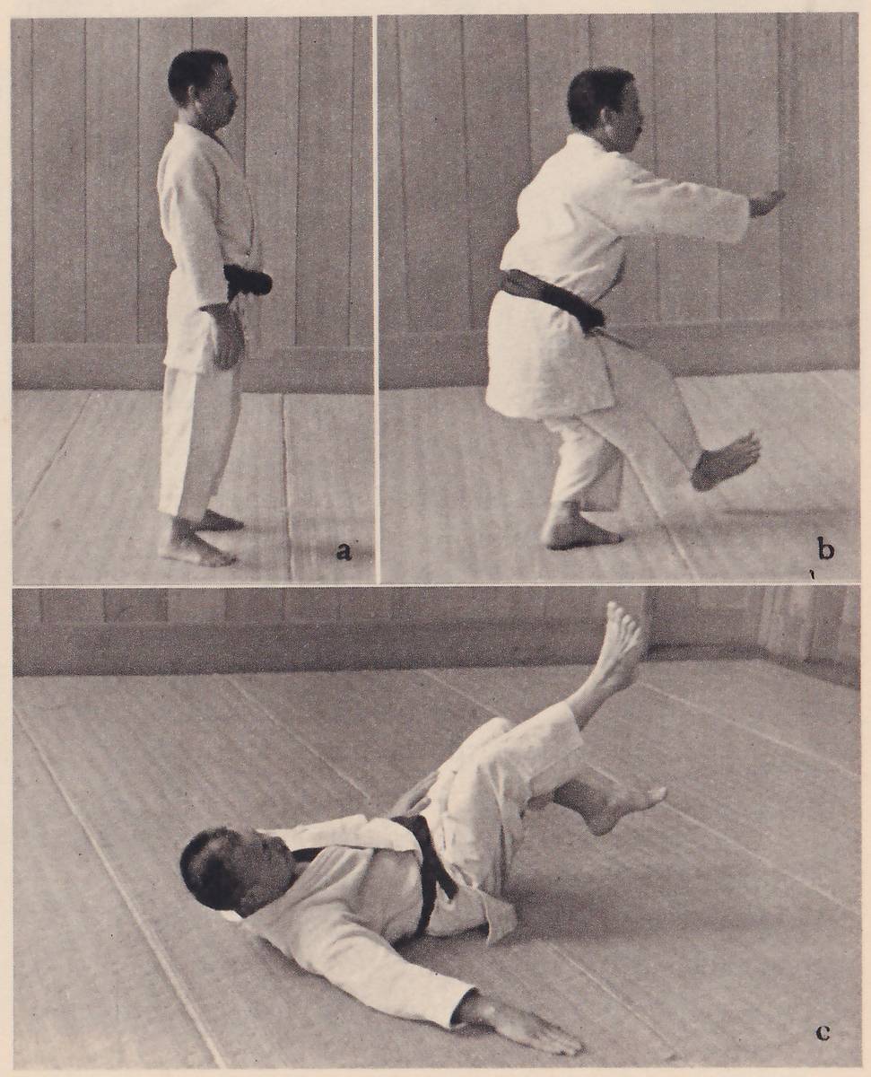 Three photographs lettered a, b and c. In a (upper left) a man in a judo suit stands upright, seen from the side. In b (upper right) he leans back with one leg raised and an arm stretched forward. In c (below, wide) he lies on his back on the mat with one leg raised and an arm out.