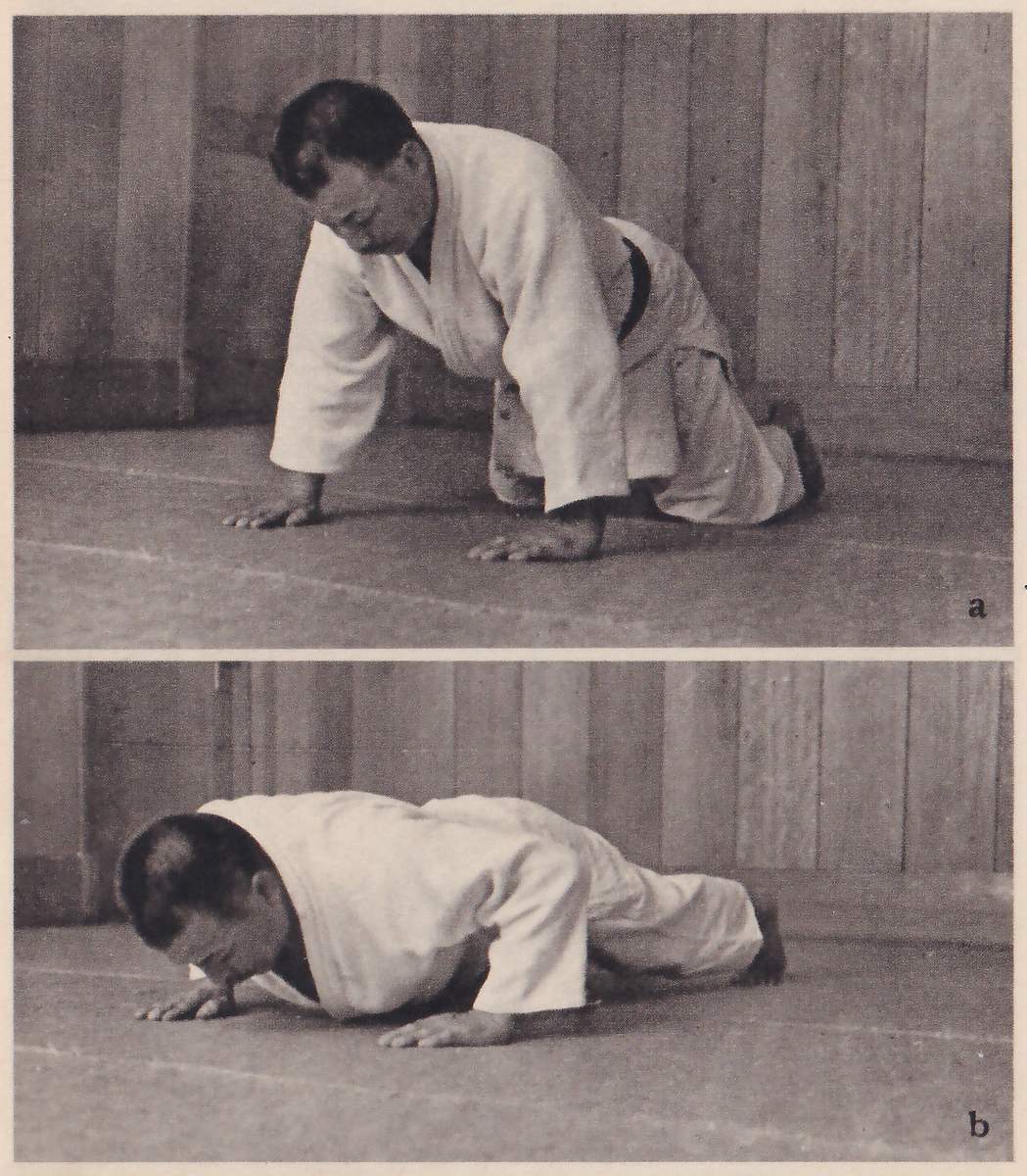 Two photographs lettered a and b, one above the other: a man in a judo suit down on his hands and toes in a press-up position, arms straight (a), then arms bent with his chest near the mat (b).