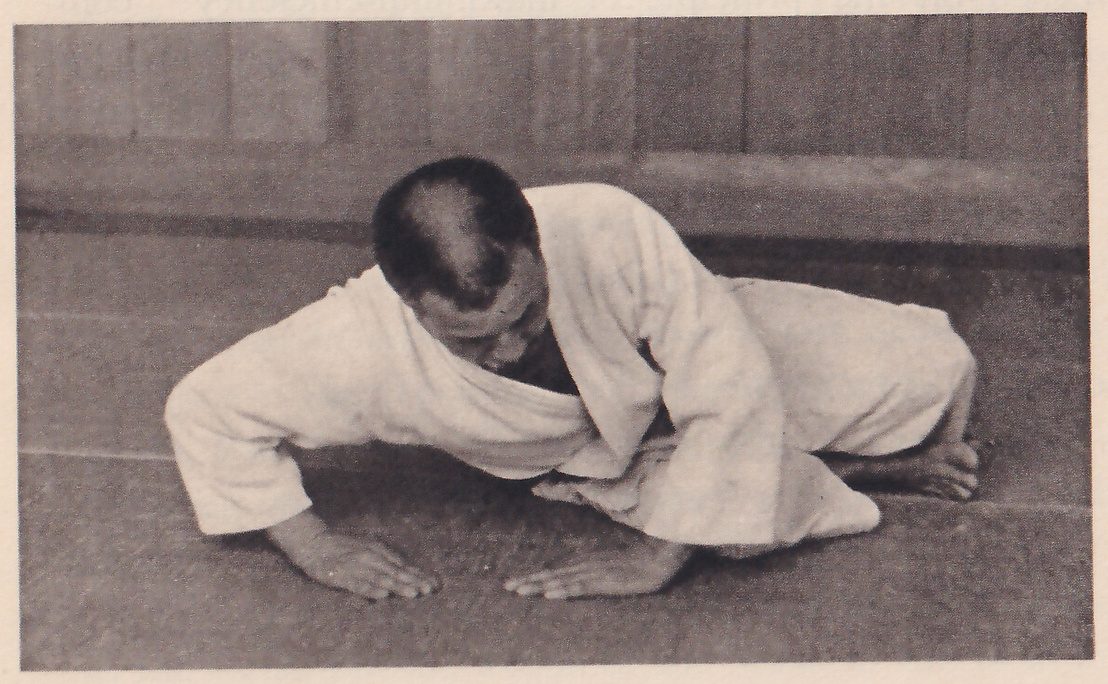 A man in a judo suit twisted onto his side on the mat, holding himself up on both hands with the fingertips turned inward and his head lowered.