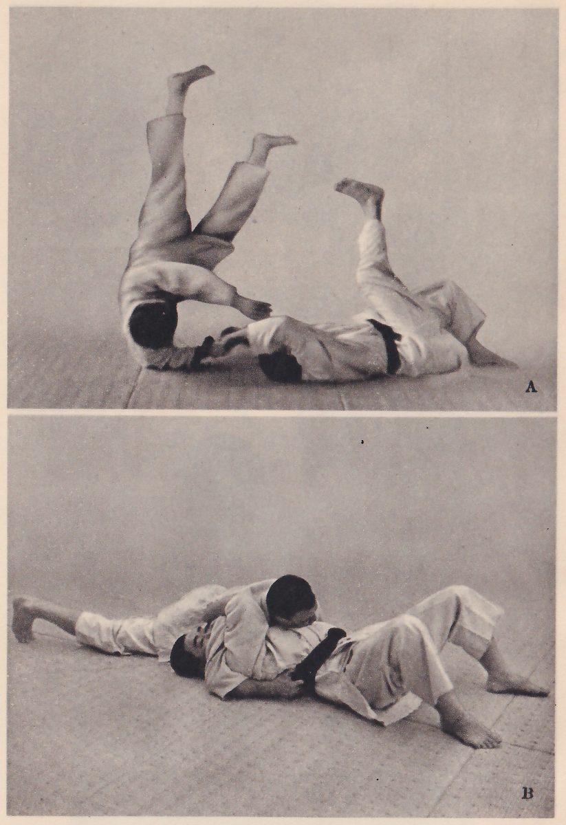 Two photographs, one above the other, lettered A and B. In A a man has fallen on his back and sent his partner over him, the partner's legs in the air. In B one man lies across the chest of another who is on his back on the mat, pinning him.
