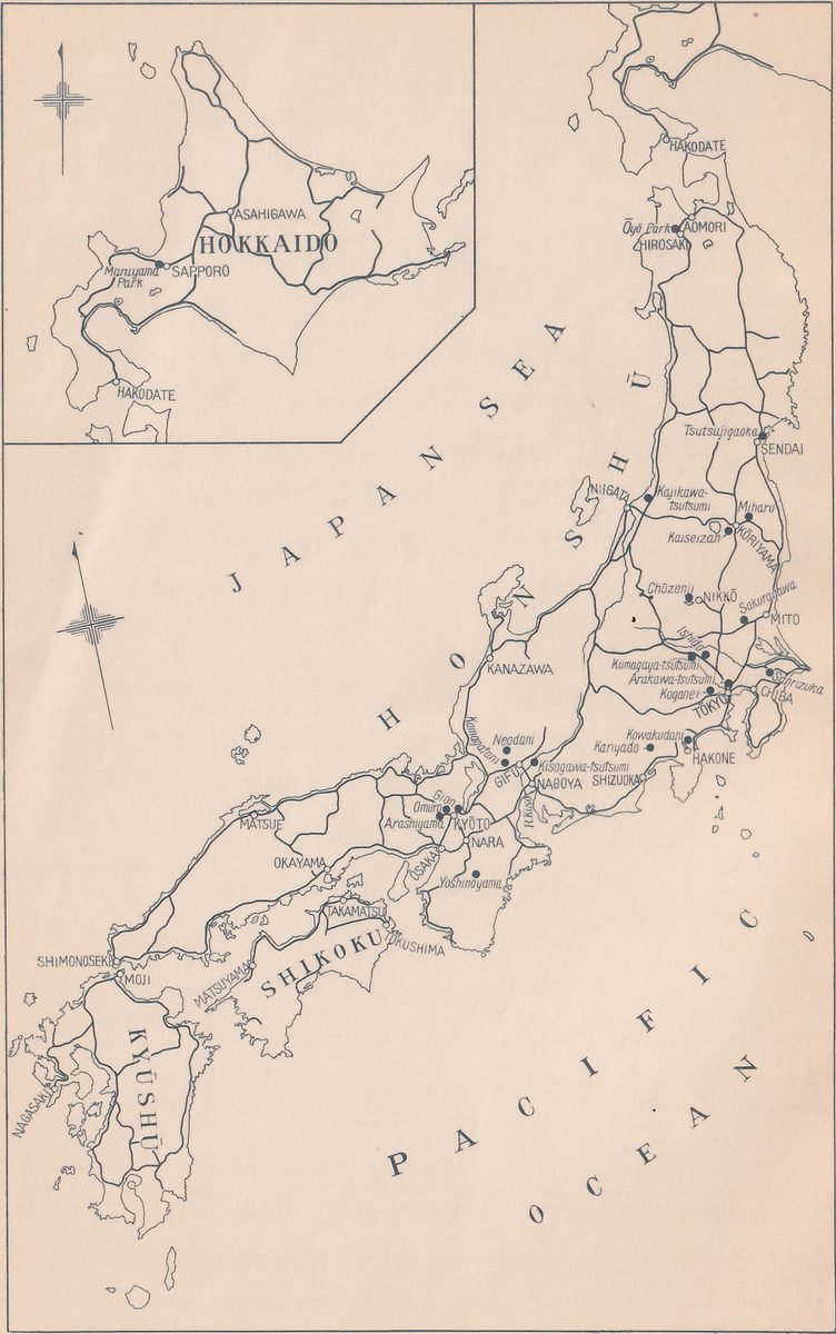 Line map inside a ruled frame showing the Japanese islands in outline, running from the upper right diagonally to the lower left, with the main island in the middle and a boxed inset at the upper left showing a northern island. Black lines run across the islands, and dots with small place labels in Roman letters mark many places, most of them on the main island. Widely spaced capitals name the seas and the islands, and a compass mark stands at the left of the main map and in the inset.