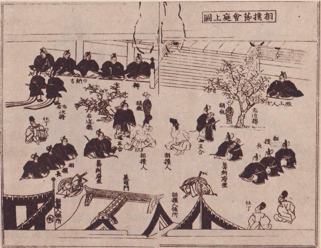 Black line drawing of an open courtyard seen from above, with a framed title in Japanese characters at the upper right and small Japanese labels written beside the figures. Rows of men in dark robes sit on the ground along the top left, at the right, and at the lower left and lower right. A flight of steps and a long veranda run across the upper right, with a bare tree in front of it and another tree at the left. At the center two men in pale garments sit on the ground near a tall vase on a stand, with kneeling men in dark robes beside them. Roofs of small gates and tents cross the bottom of the picture.