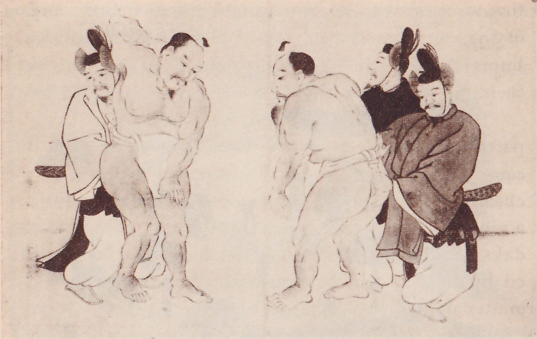Two painted scenes side by side, in soft brown tones. At the left two large, nearly bare men are locked together, one bent forward with his head at the lower right of the pair, while a man in a pale robe and black cap kneels close beside them at the left. At the right a large bare man in a pale loincloth stands bent forward, in profile, with two men in dark robes and tall black caps kneeling behind him; a long dark object juts out behind each of the kneeling men.