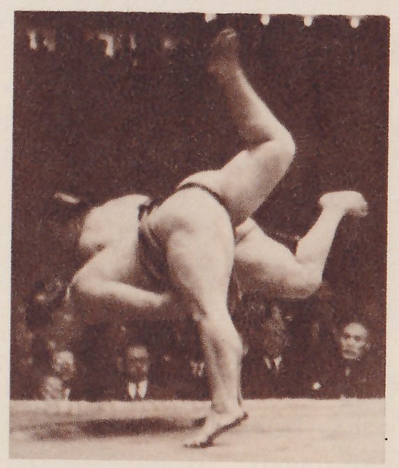 Photograph of two heavy men overlapping in a tangle at the center of a platform. The hips and thighs of one fill the middle, with one foot planted on the floor at the bottom. The legs of the other stretch up at the top and out to the right with the feet in the air, and an arm and a head are bent over at the left. A row of spectators in dark suits watches from behind the platform.