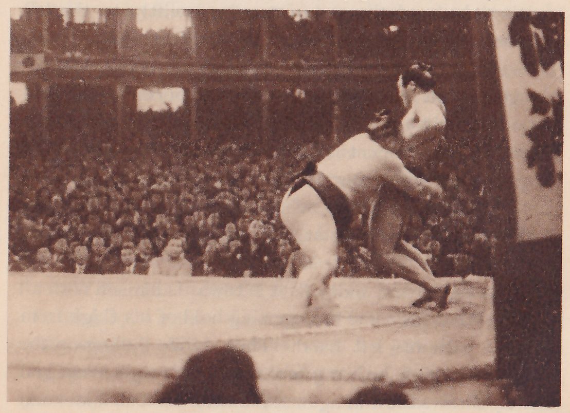 Photograph of two heavy men at the right end of a platform, close together. The nearer one, in a dark belt, is bent forward and leans into the other, whose head and shoulders show above him at the upper right. At the right edge a large pale hanging cloth carries dark leaf-shaped patterns. A crowd fills the hall behind the platform, and the dark heads of spectators show at the bottom.