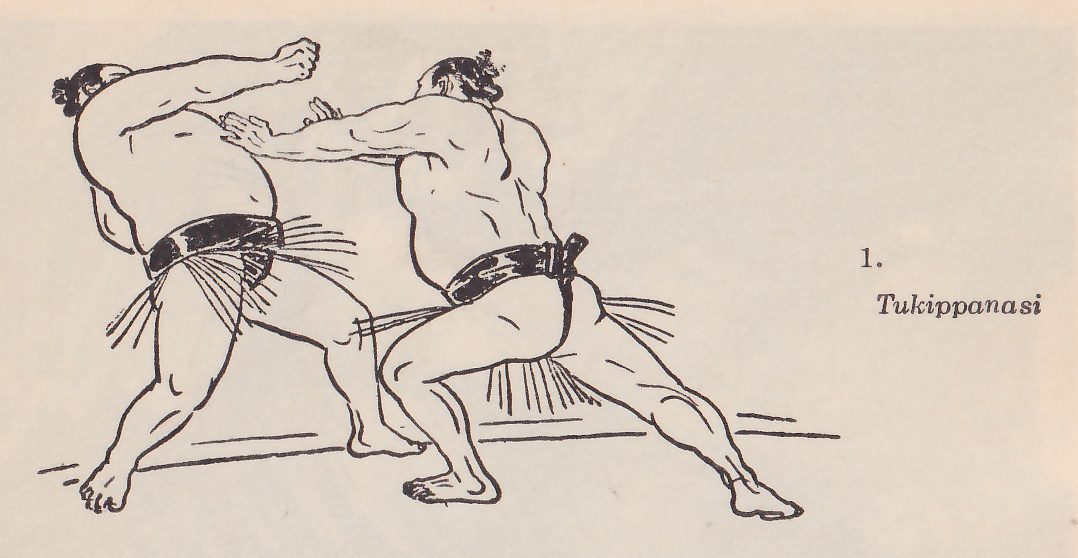 Line drawing of two wrestlers, each in a dark belt with an apron of hanging strands. The man at the left bends far forward at the waist with his head low at the upper left and one arm flung up behind him. The man at the right lunges toward him with one knee bent and the other leg stretched back, both arms reaching out so that his hands press on the left man's upper body. Printed beside the drawing: 1. Tukippanasi