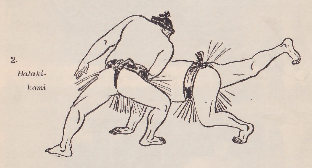Line drawing of two wrestlers, each in a dark belt with an apron of hanging strands. The man at the left stands with his knees bent and his upper body leaning forward, one hand held open low at the left. The man at the right is bent far forward with his hips high, one leg flung out behind him and up to the upper right and the other leg bent beneath him; his head is not visible. Printed beside the drawing: 2. Hataki-komi