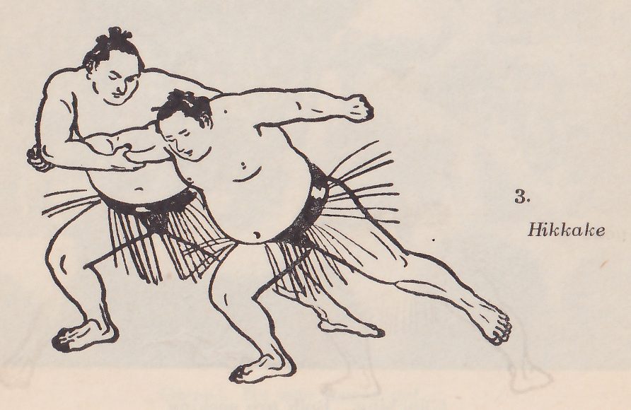 Line drawing of two wrestlers, each in a dark belt with an apron of hanging strands. Both stand in wide stances. The man at the left has his head up and an arm bent across the other man's chest. The man at the right leans toward the left with his head down against the first man's shoulder, one arm flung out behind him to the right and one leg stretched far back to the lower right. Printed beside the drawing: 3. Hikkake