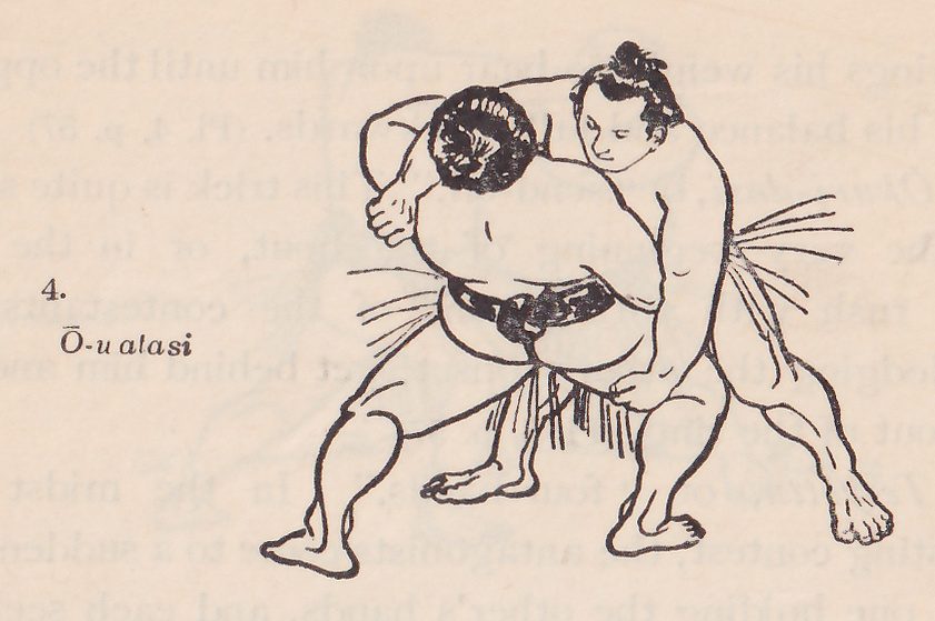 Line drawing of two wrestlers, each in a dark belt with an apron of hanging strands. The man at the left is bent forward, the top of his head showing at the upper center and one arm bent up in front of him at the left. The man at the right, his head up and turned down toward him, has his arms on the other man's body, one hand low near the belt. Both stand with their feet wide apart. Printed beside the drawing: 4. Ō-u atasi