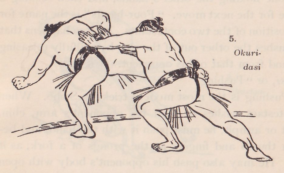 Line drawing of two wrestlers, each in a dark belt with an apron of hanging strands. The man at the left is bent far forward with one arm swung down and back at the lower left. The man at the right leans over him from the right, his arms reaching across the left man's back, with his feet planted wide apart. A short line marks the ground at the lower left. Printed beside the drawing: 5. Okuri-dasi