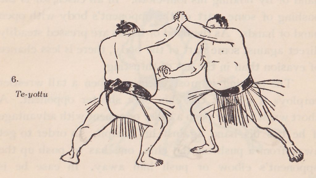 Line drawing of two wrestlers, each in a dark belt with an apron of hanging strands. The two men face each other in wide stances with their knees bent, their arms raised so that their hands are clasped together in the middle of the drawing, one clasp above another. Printed beside the drawing: 6. Te-yottu