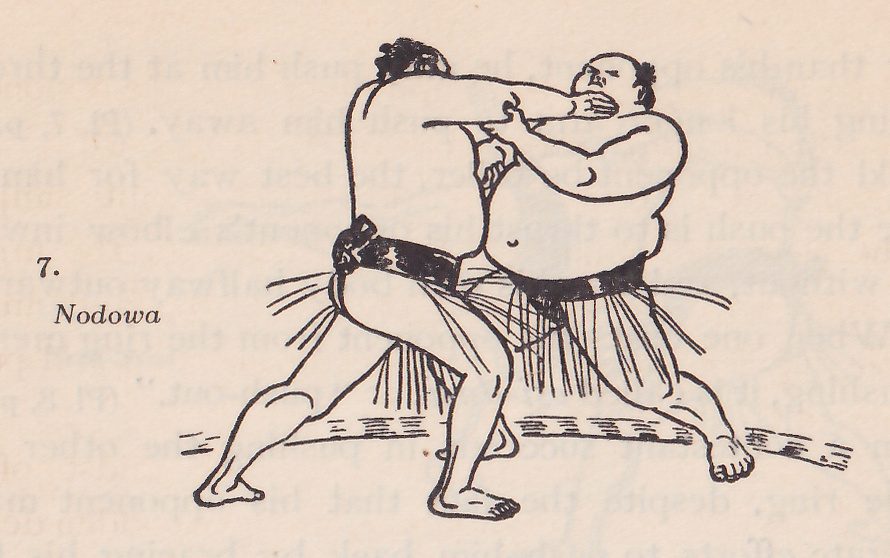 Line drawing of two wrestlers, each in a dark belt with an apron of hanging strands. The two men face each other in wide stances. The man at the left reaches an arm up so that his hand and forearm press against the other man's neck and jaw, and the man at the right has his head tipped back. A line of dashes marks the ground at the bottom. Printed beside the drawing: 7. Nodowa