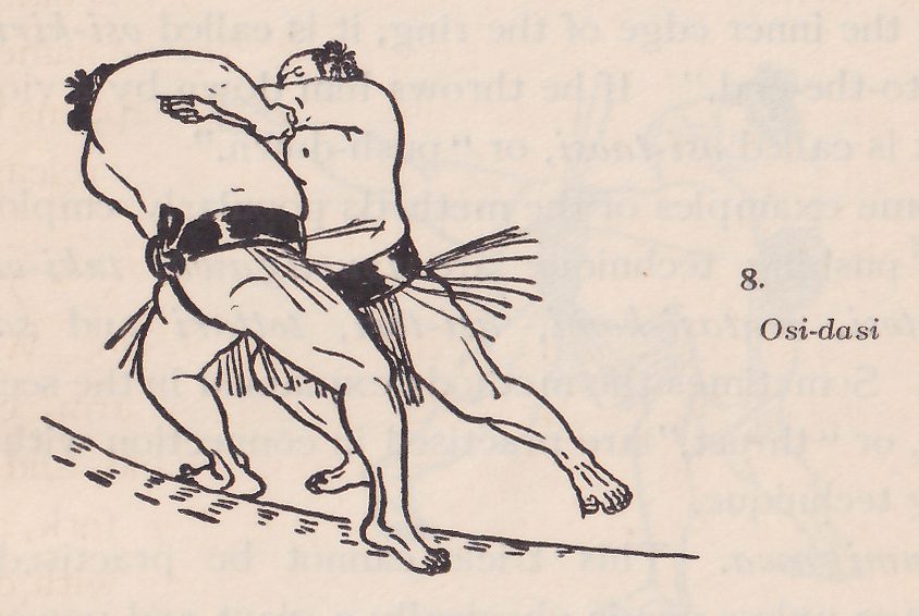 Line drawing of two wrestlers, each in a dark belt with an apron of hanging strands. The two men are close together at the center, both bent forward and leaning to the left. The head of one shows at the upper left and the head of the other at the upper right, partly turned away. One leg stretches out low toward the lower right with the foot lifted, and a line of dashes crosses the ground below. Printed beside the drawing: 8. Osi-dasi