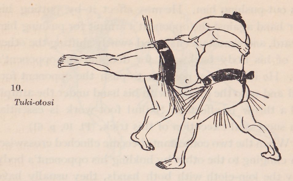 Line drawing of two wrestlers, each in a dark belt with an apron of hanging strands. The two men overlap in a tangle. One is tipped nearly horizontal at the upper center with a leg stretched straight out to the left and his head and shoulders at the upper right, and the legs of the other are planted wide below. Printed beside the drawing: 10. Tuki-otosi