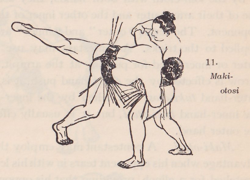 Line drawing of two wrestlers, each in a dark belt with an apron of hanging strands. The two men overlap at the center. One has a leg flung out straight to the upper left, his belt and apron at the center, and a dark round head of hair shows at the right. Below, legs are planted wide apart, one foot at the lower left and one at the lower right. Printed beside the drawing: 11. Maki-otosi